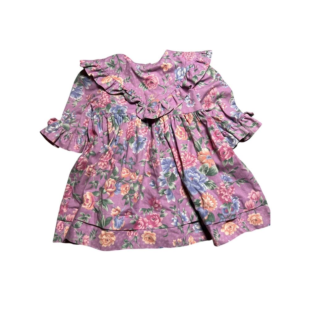 Vintage 1980s Girls Floral Prairie Dress 2T Cottagecore Country Ruffle